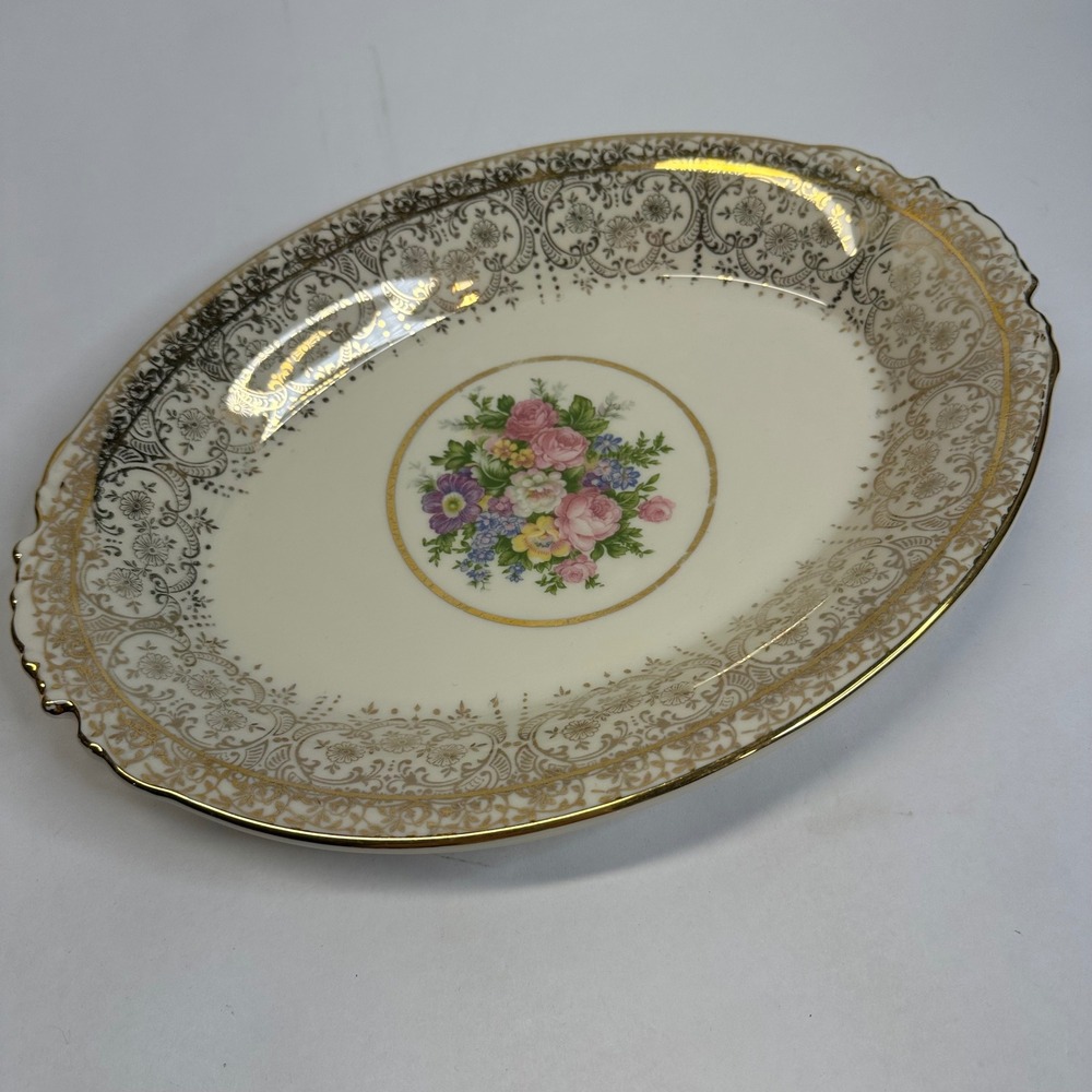 Warranted 22 Karat Gold Floral Oval Serving Platter Scalloped Edge Made in USA